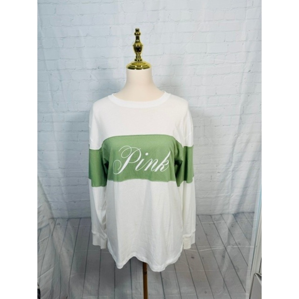 NWT Victoria's Secret PINK Long Sleeve Tee White Green Logo Women's S
